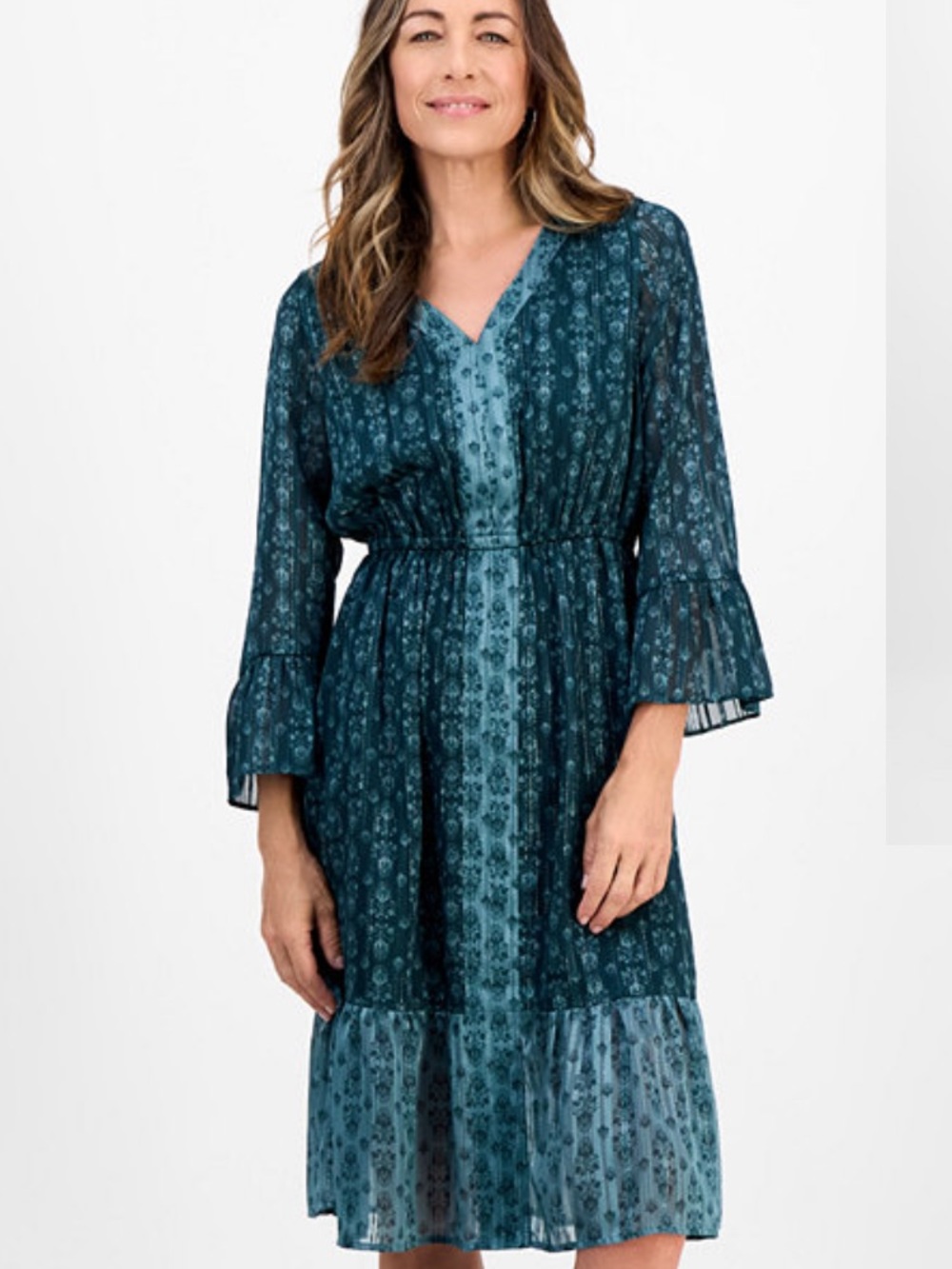 Style & Co Beautiful Dress Damask Shine Flutter-Sleeve Dress